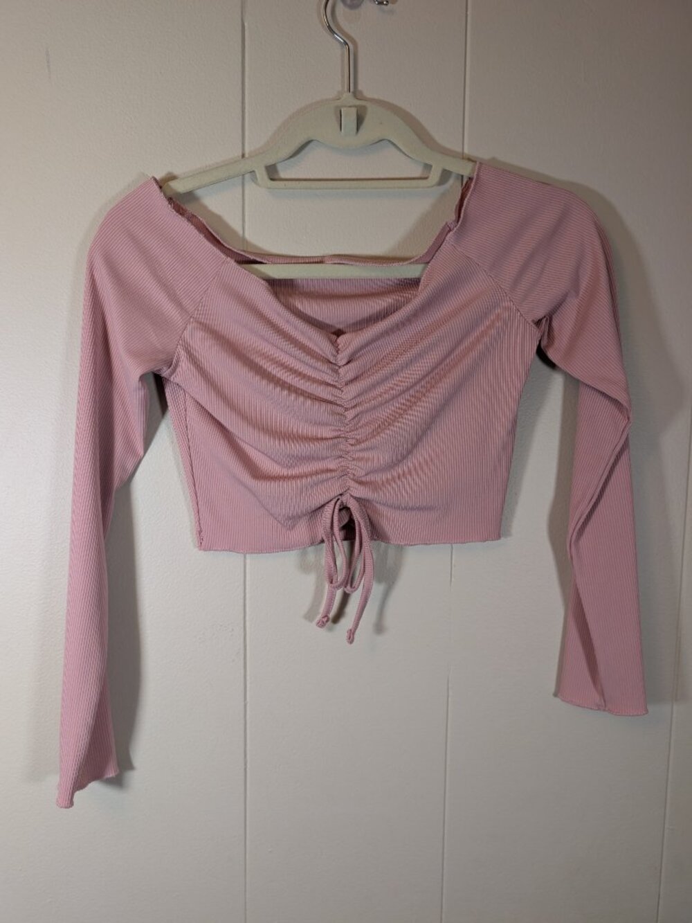 Y2K Pink Ruched Drawstring Crop Top XS Ribbed Long Sleeve Sweetheart Neck